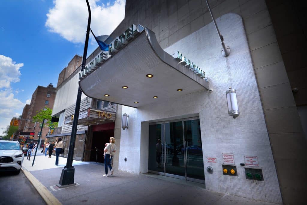 Maritime Hotel entrance featuring nautical-inspired design, sleek architecture, and surrounding Chelsea neighborhood ambiance.