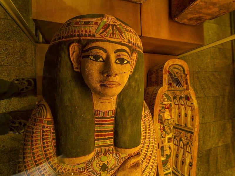 Ancient Egyptian sarcophagus with intricate painted details, showcasing historical art and cultural significance at The Met Museum.