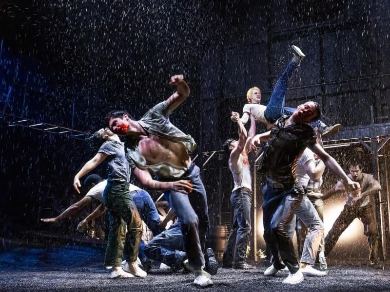 Dynamic performance scene from "The Outsiders" musical, featuring actors in 1960s Greaser attire, emotive expressions, and dramatic choreography under a rain effect, symbolizing themes of struggle and camaraderie.