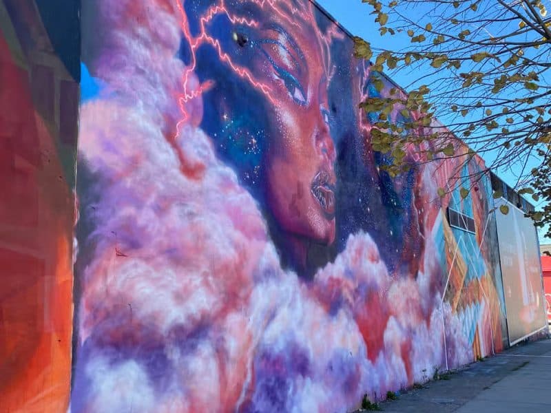 Colorful mural of a woman's face surrounded by clouds and lightning, showcasing vibrant street art in Bushwick, Brooklyn, as part of a French-guided walking tour.