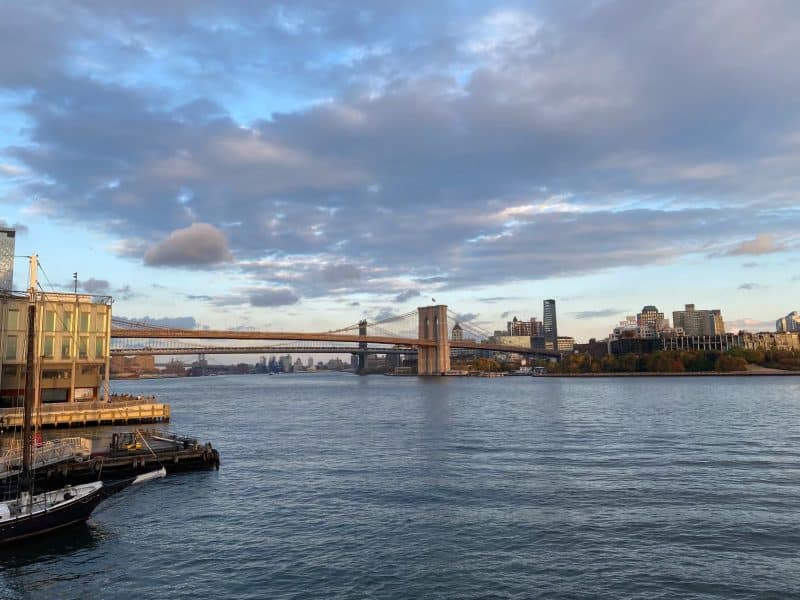 Southern Manhattan waterfront view featuring the Brooklyn Bridge, historic buildings, and city skyline under a cloudy sky.