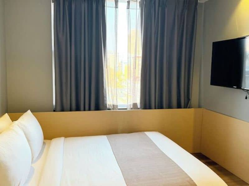 Cozy hotel room at Madison LES Hotel featuring a queen bed, flat-screen TV, and large windows with natural light.