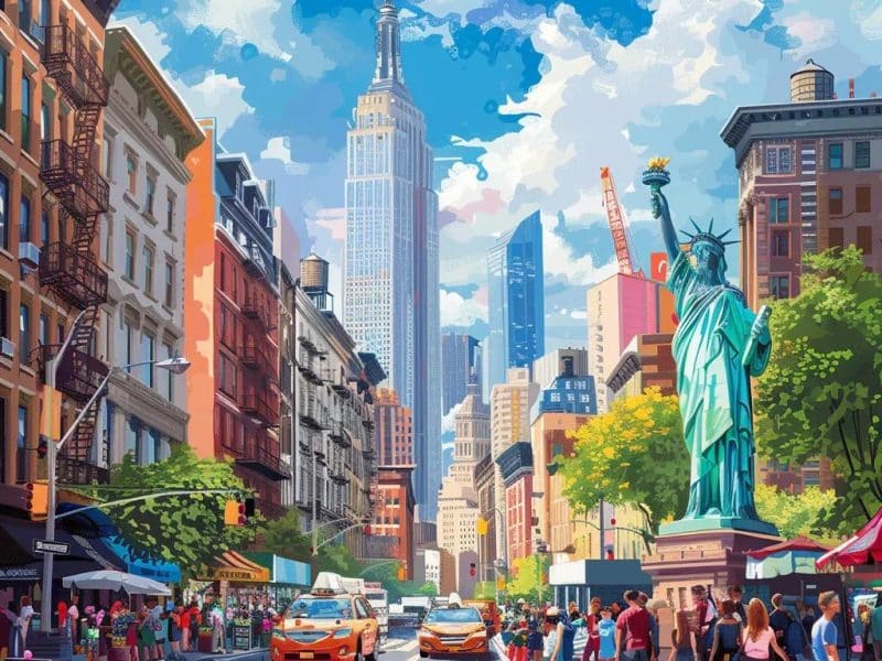 Vibrant New York City scene with iconic landmarks and tourists enjoying a sunny day