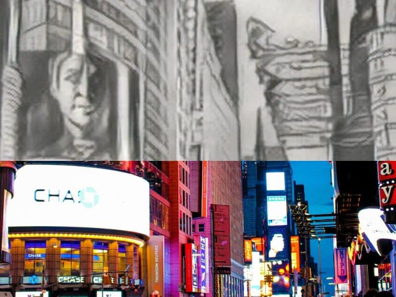 NYC itinerary visual comparison, featuring Times Square's vibrant nightlife and iconic advertisements, illustrating planned versus actual experiences during a trip.