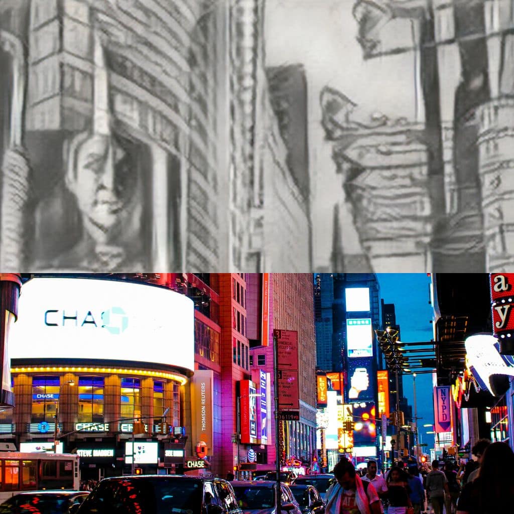 New York City skyline at night featuring bright billboards and bustling streets, illustrating the vibrant atmosphere of Times Square, reflecting a visitor's experience in NYC.