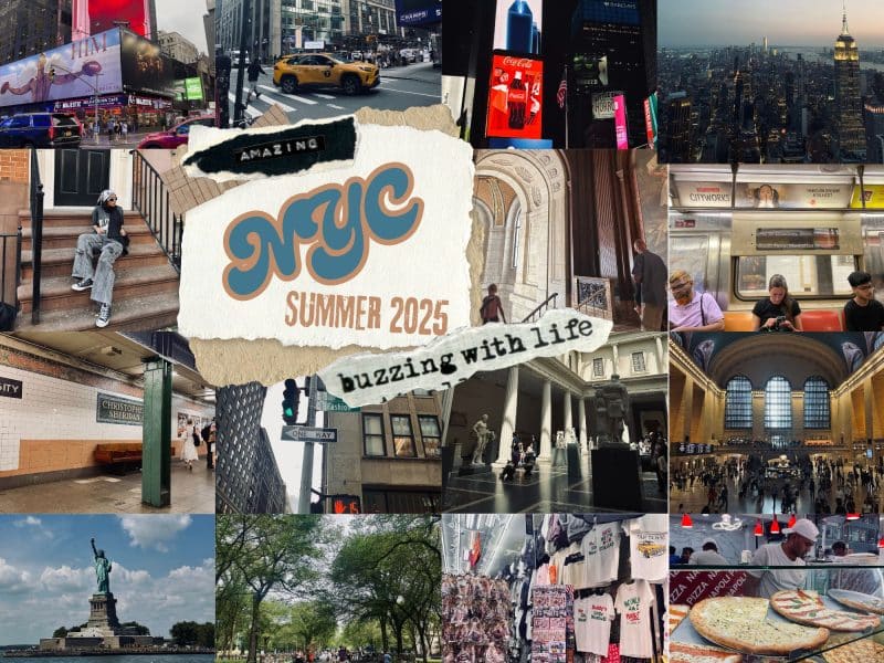 Photo collage showcasing iconic NYC landmarks, bustling streets, and vibrant summer scenes, highlighting memorable moments from a trip to New York City in 2025.