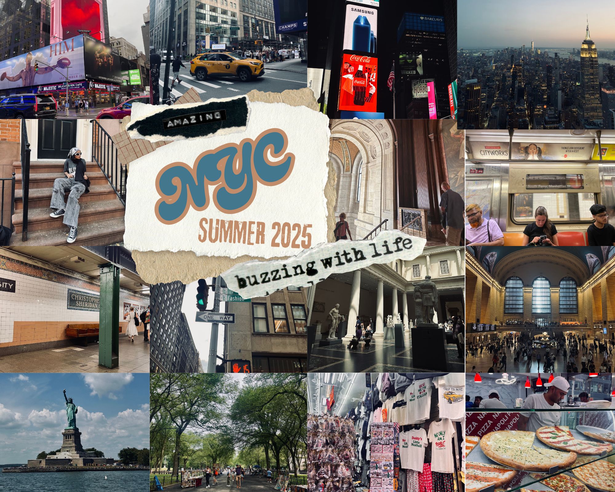 Collage of iconic NYC summer scenes, featuring Times Square billboards, a yellow taxi, the Empire State Building, subway station, Statue of Liberty, Central Park, and local shops, emphasizing vibrant city life and tourist experiences in 2025.