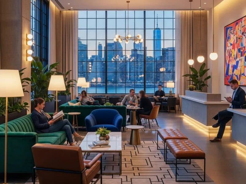 Stylish hotel lobby in Brooklyn with modern decor and skyline view, representing the best hotels in Brooklyn 2025