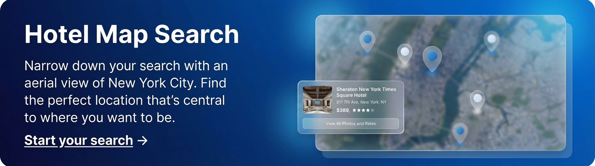 Hotel map search interface displaying an aerial view of New York City with location markers for hotels, including Sheraton New York Times Square Hotel, emphasizing hotel booking options.