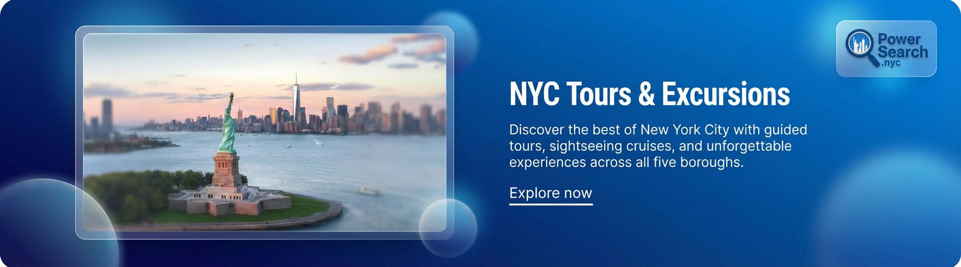Statue of Liberty with New York City skyline in background, promoting NYC tours and excursions.