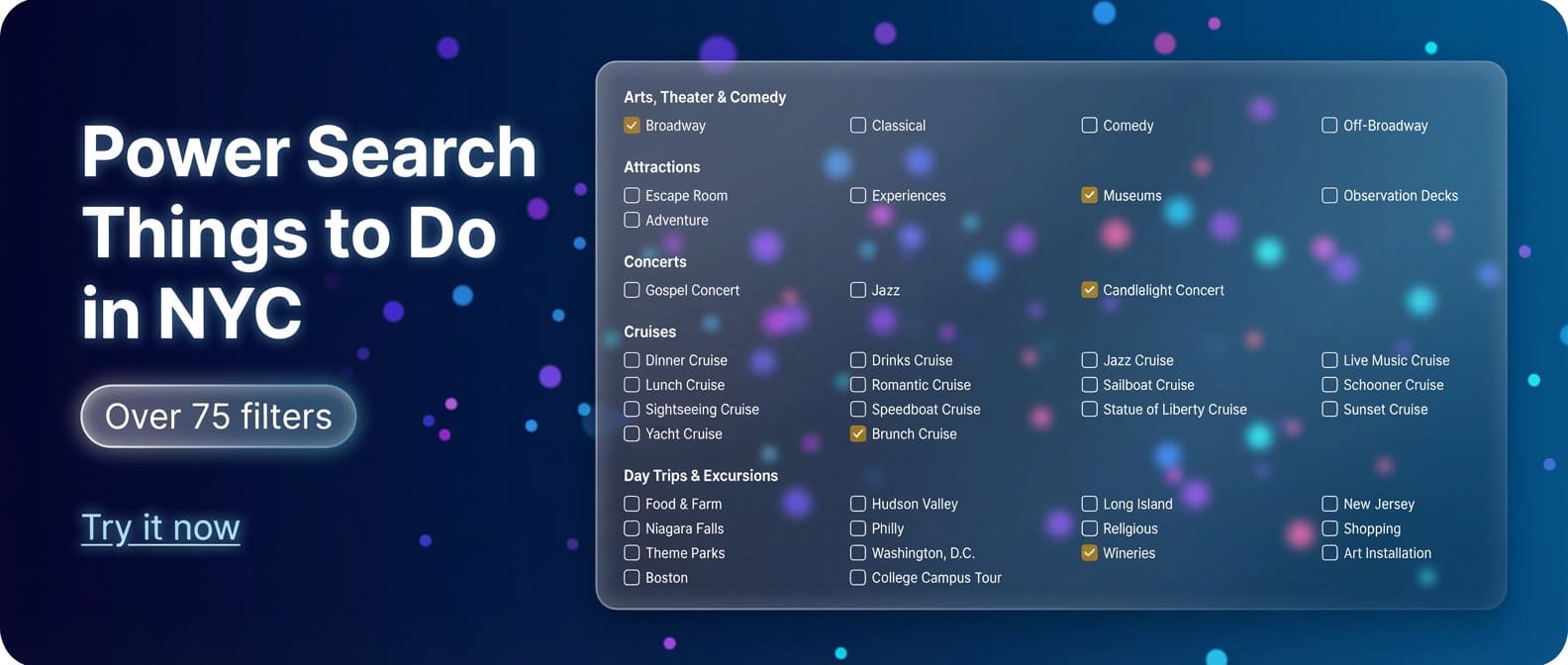 Power Search NYC interface showcasing categories for things to do in New York City, including Broadway shows, museums, and various activities, with a vibrant background of colored dots.