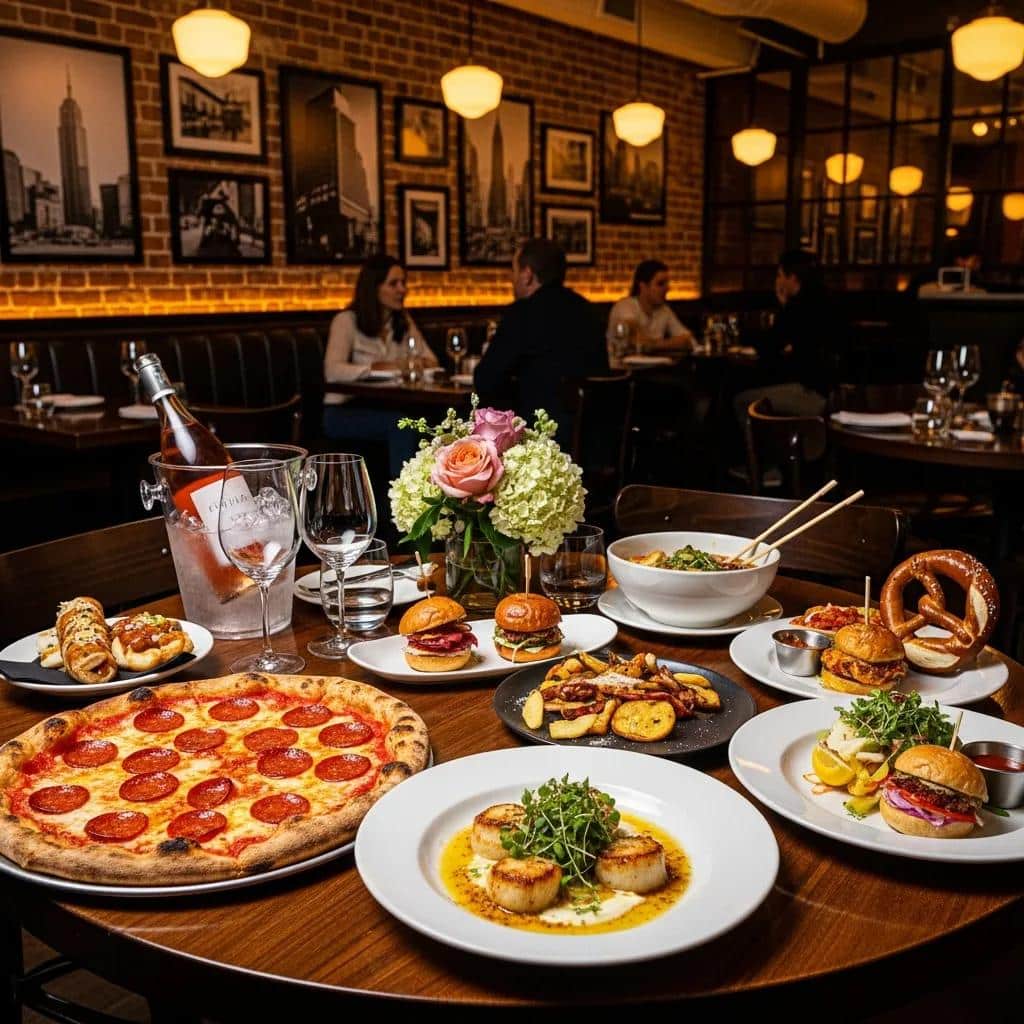 Cozy dining scene in New York City featuring a variety of culinary dishes including pepperoni pizza, sliders, scallops, and vibrant floral centerpiece, set against a backdrop of artistic decor and ambient lighting.