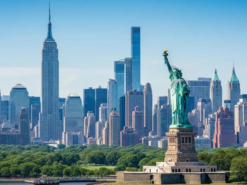 Iconic NYC landmarks including the Statue of Liberty and Empire State Building under a clear blue sky