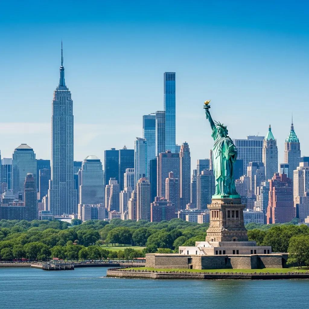 Iconic NYC landmarks including the Statue of Liberty and Empire State Building under a clear blue sky