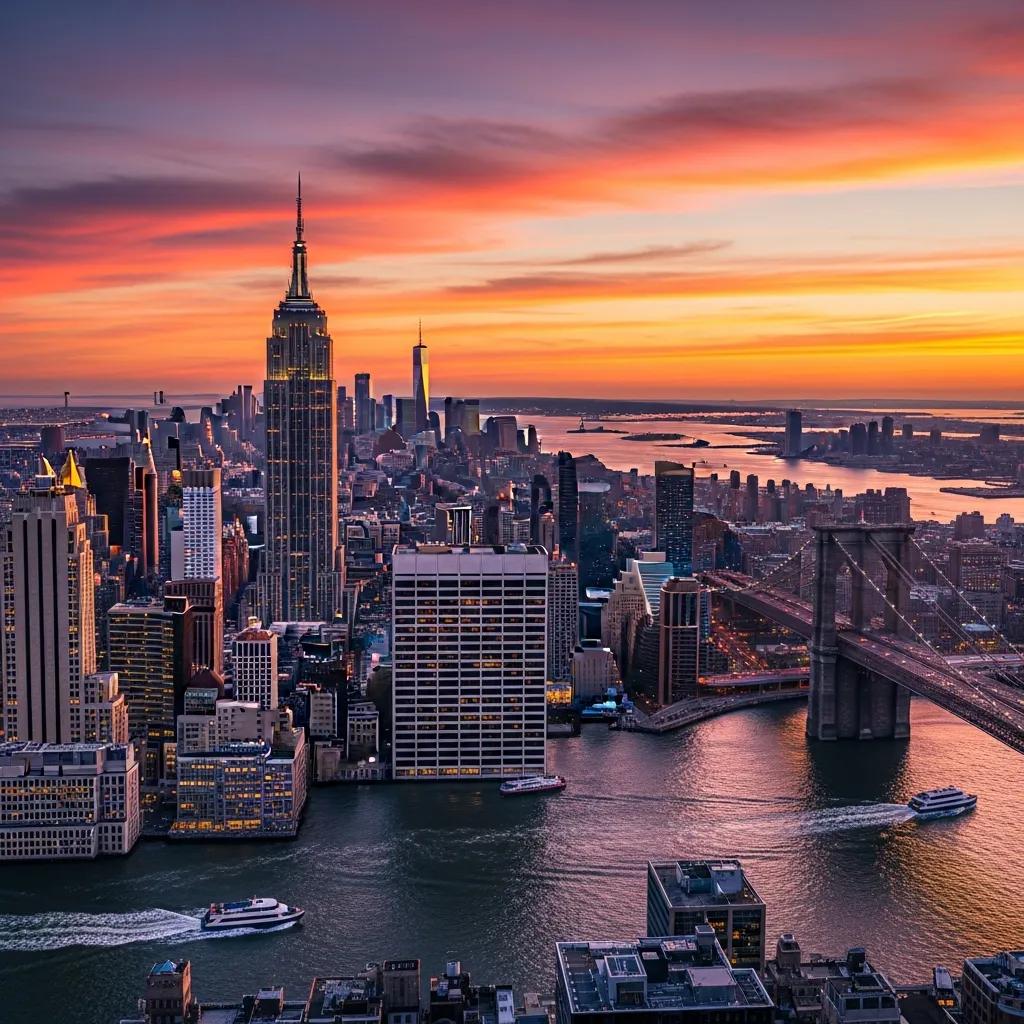 Panoramic view of New York City skyline at sunset, featuring iconic landmarks like the Empire State Building and Brooklyn Bridge, with vibrant orange and purple skies reflecting over the water.