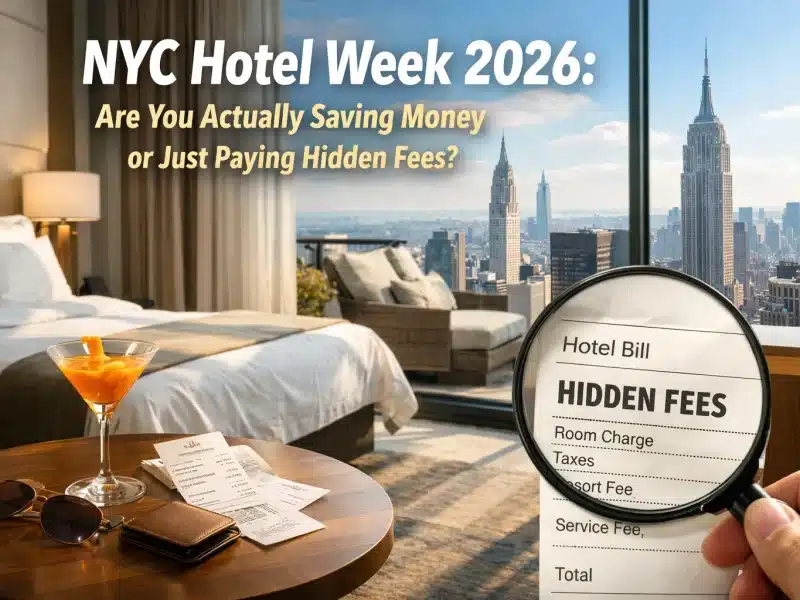 NYC Hotel Week 2026 promotional image featuring a hotel room with a view of the skyline, a cocktail on a table, and a magnifying glass highlighting hidden fees on a hotel bill.