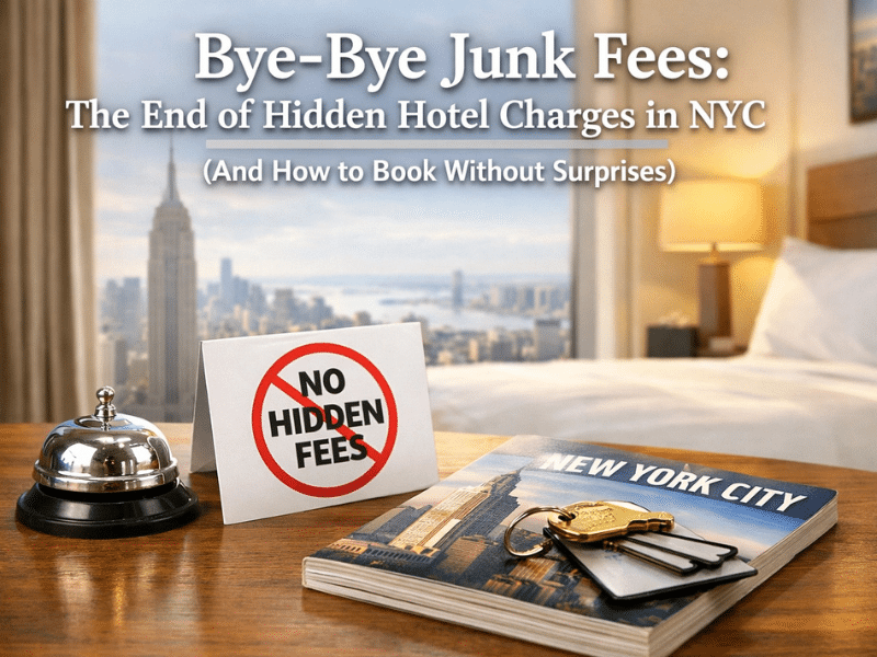 Bye-Bye Junk Fees: No Hidden Fees sign on hotel desk with NYC skyline view, promoting transparent hotel pricing.