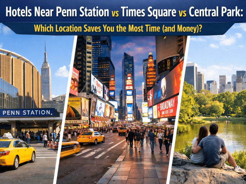 Hotels near Penn Station, Times Square, and Central Park, highlighting travel convenience and cost savings for NYC visitors.