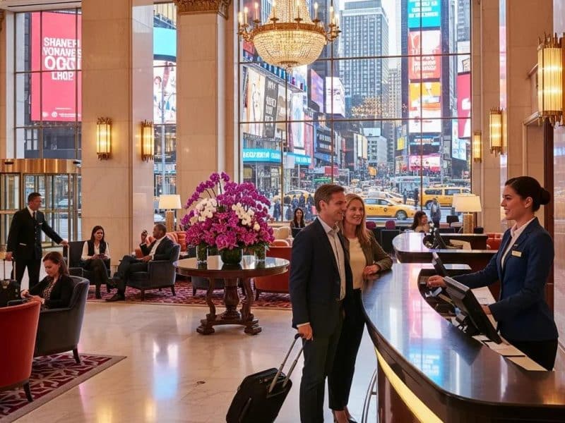 Luxurious hotel lobby near Times Square with elegant decor and welcoming atmosphere