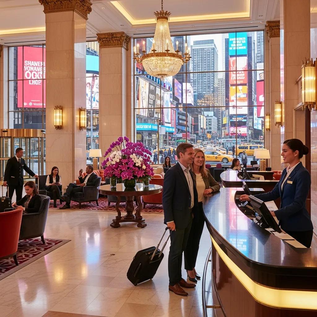 Luxurious hotel lobby near Times Square with elegant decor and welcoming atmosphere