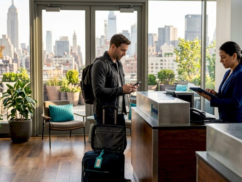 Guest checking in at NYC hotel lobby