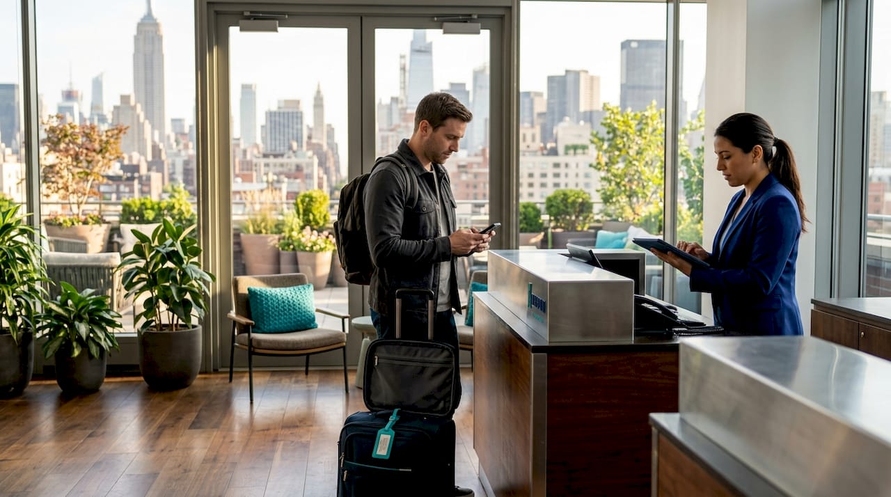 Guest checking in at NYC hotel lobby