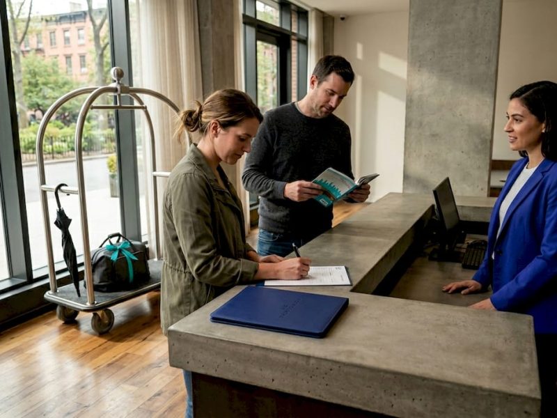 Couple checking into a Manhattan hotel midweek