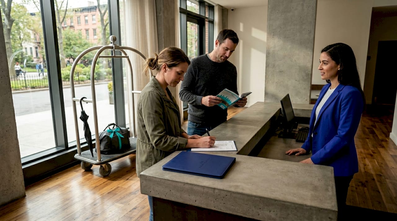 Couple checking into a Manhattan hotel midweek