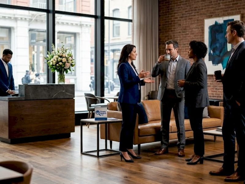 Affluent group gathering in upscale Manhattan hotel lobby