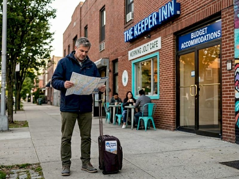 Traveler outside budget hotel on NYC street