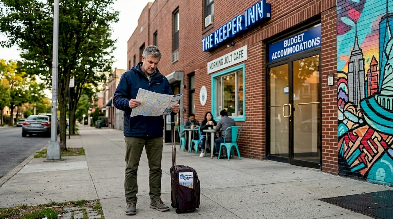 Traveler outside budget hotel on NYC street