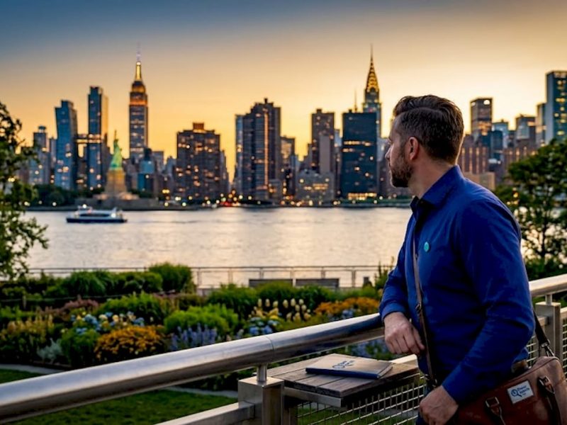 Person viewing Manhattan skyline from Brooklyn Bridge Park