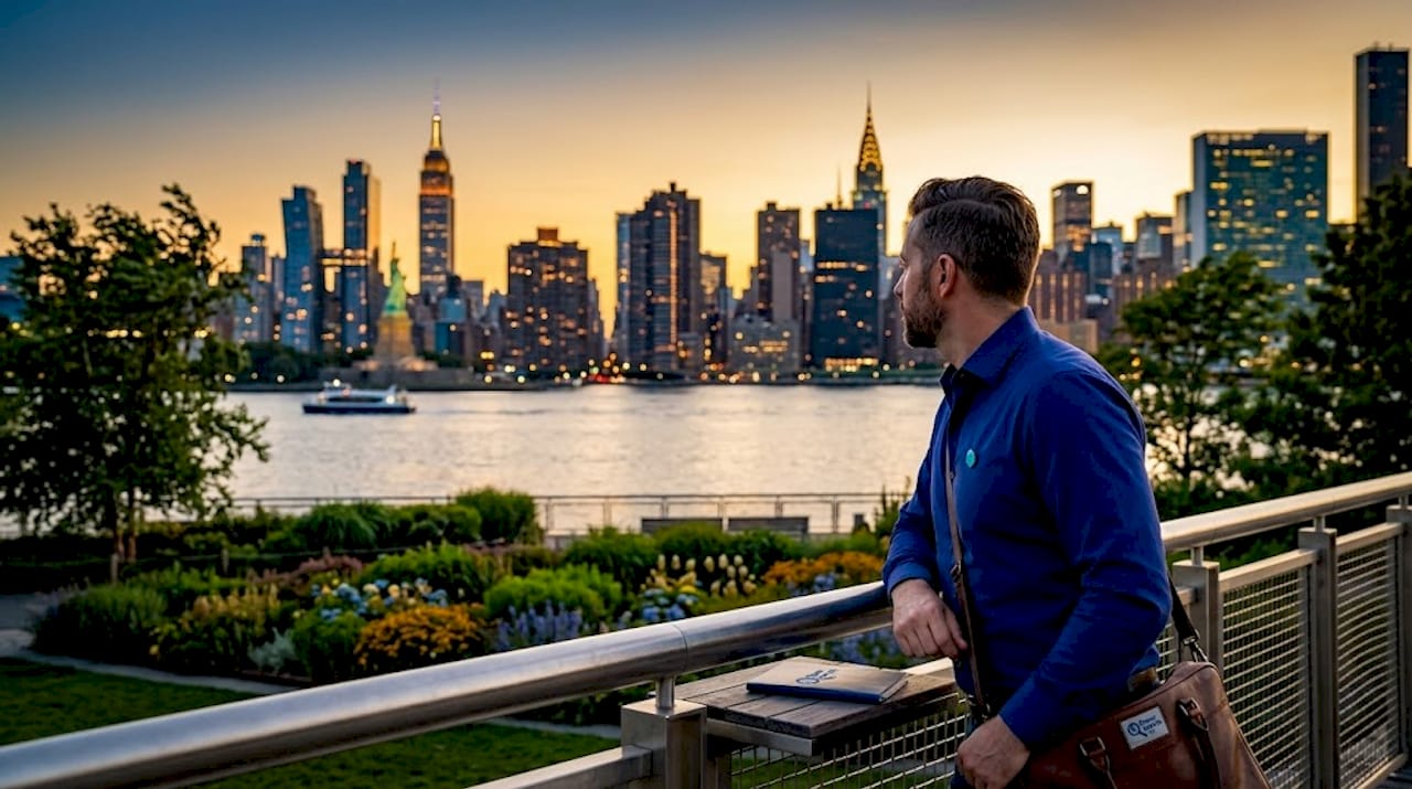 Person viewing Manhattan skyline from Brooklyn Bridge Park