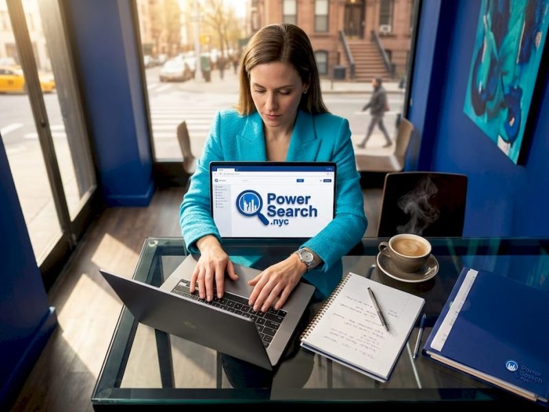 Businesswoman booking hotels in NYC lobby