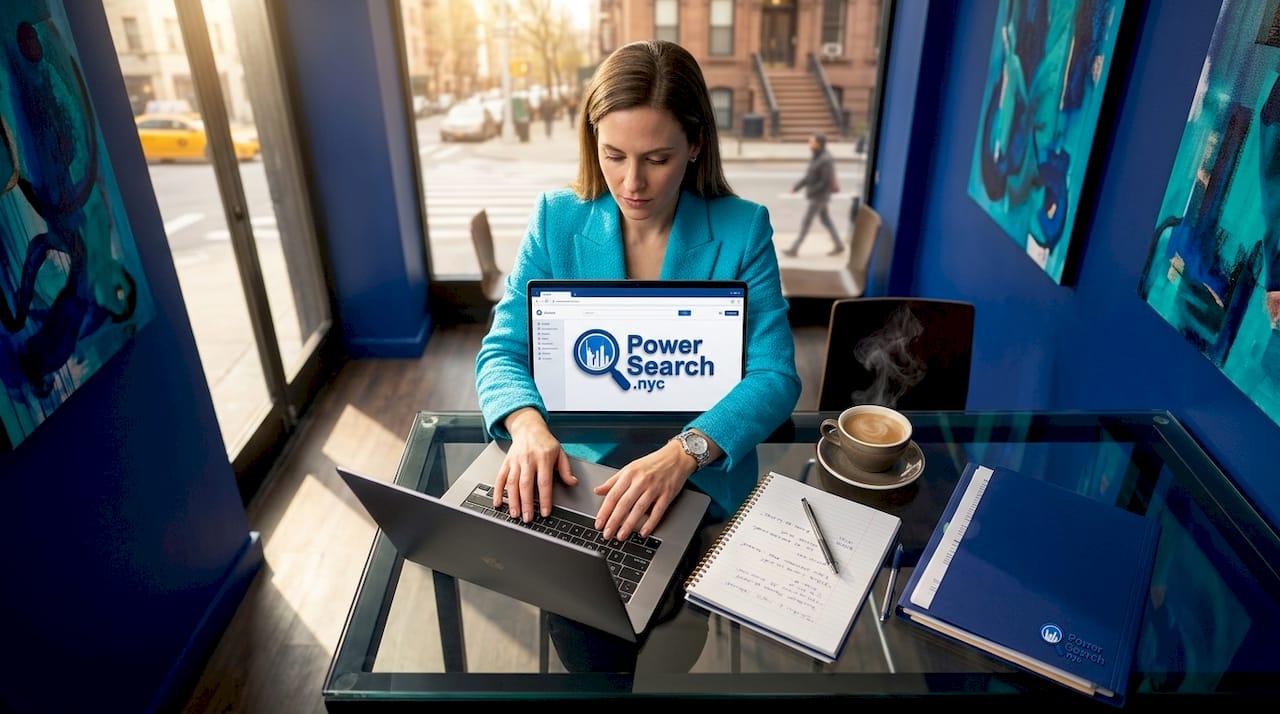 Businesswoman booking hotels in NYC lobby