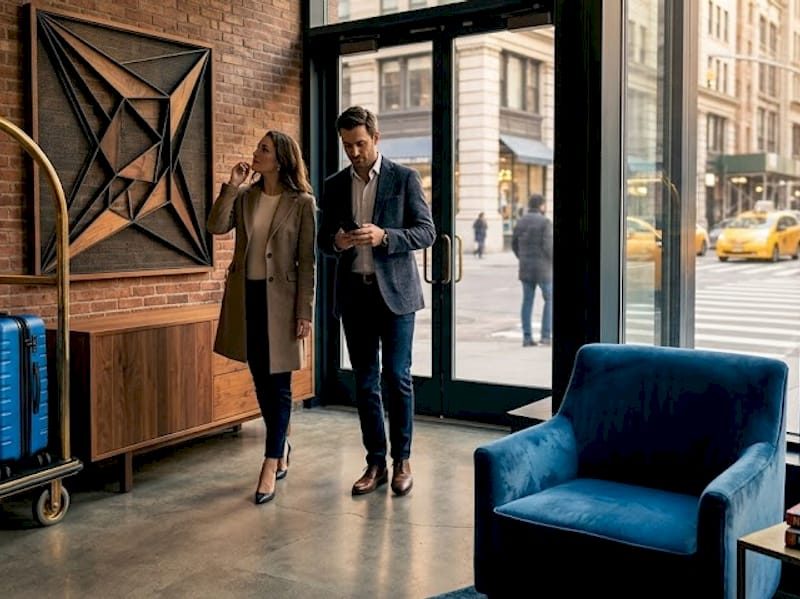 Couple arriving in luxury NYC hotel lobby