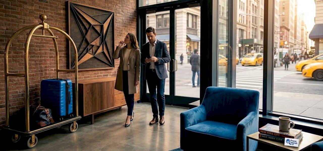 Couple arriving in luxury NYC hotel lobby