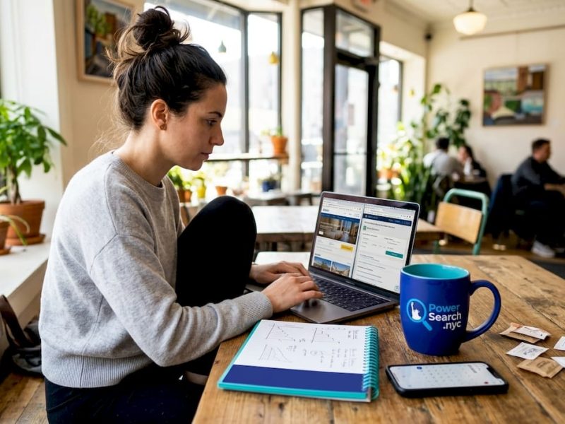 Woman comparing hotel prices on laptop NYC