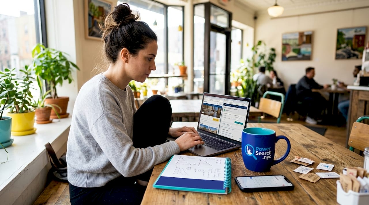 Woman comparing hotel prices on laptop NYC