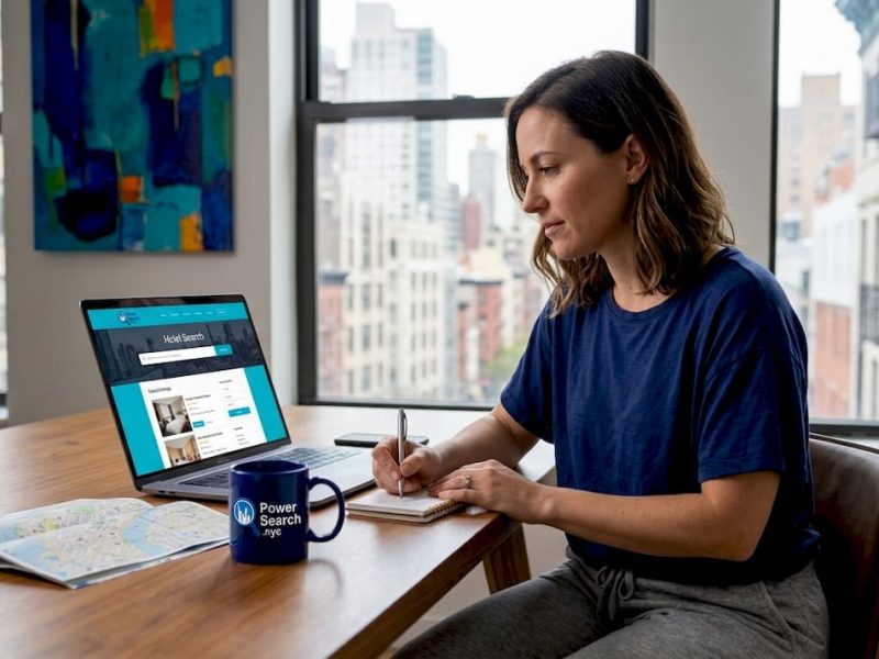 Traveler booking NYC hotel online at home
