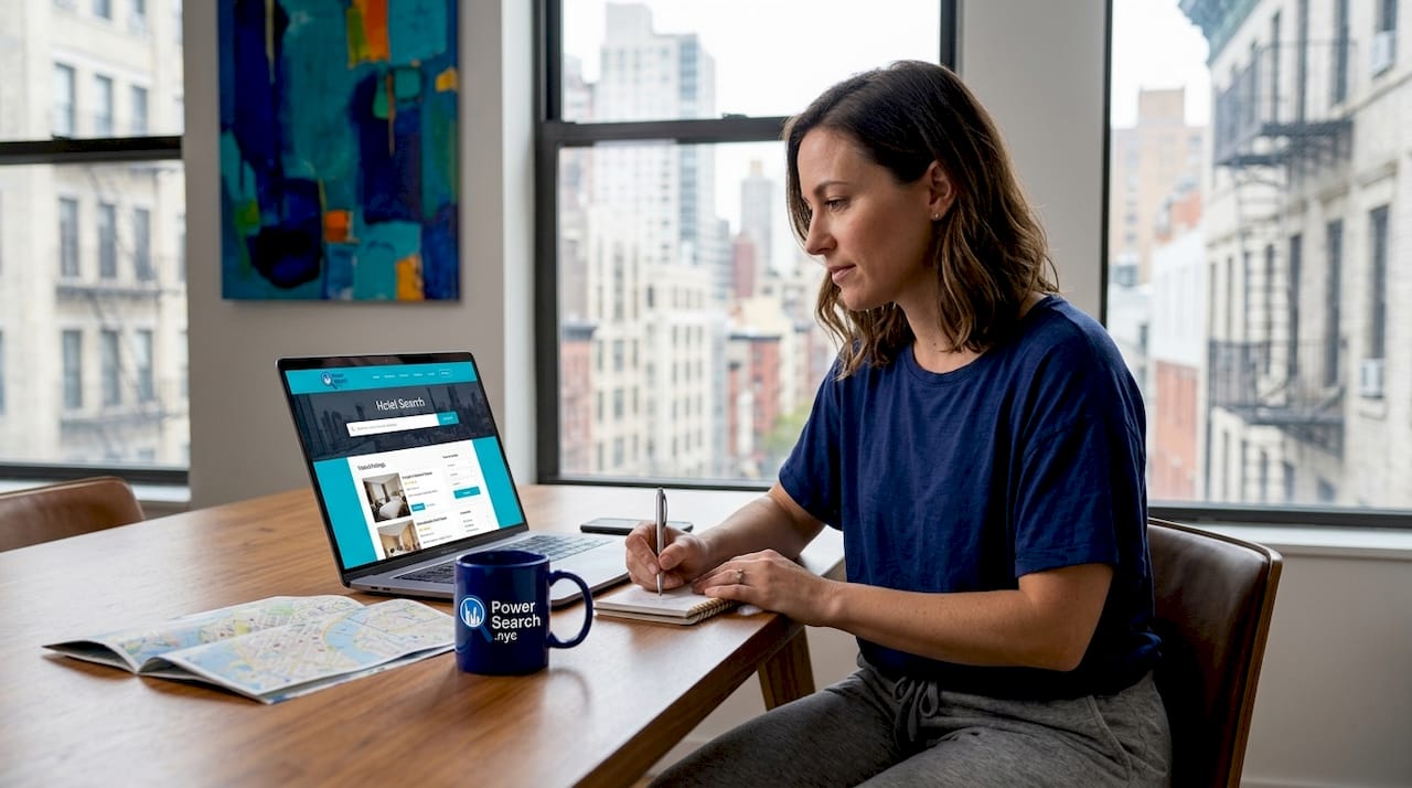 Traveler booking NYC hotel online at home