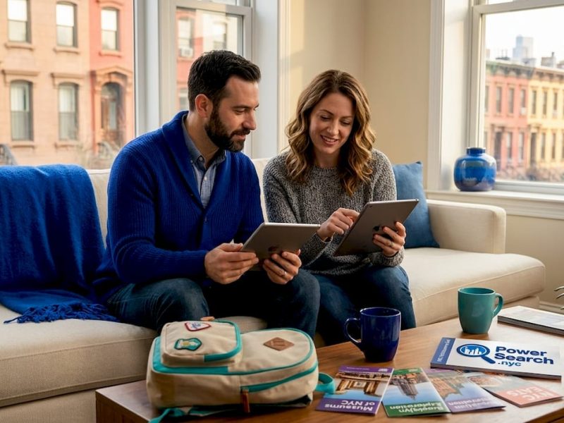 Family comparing NYC hotel options at home