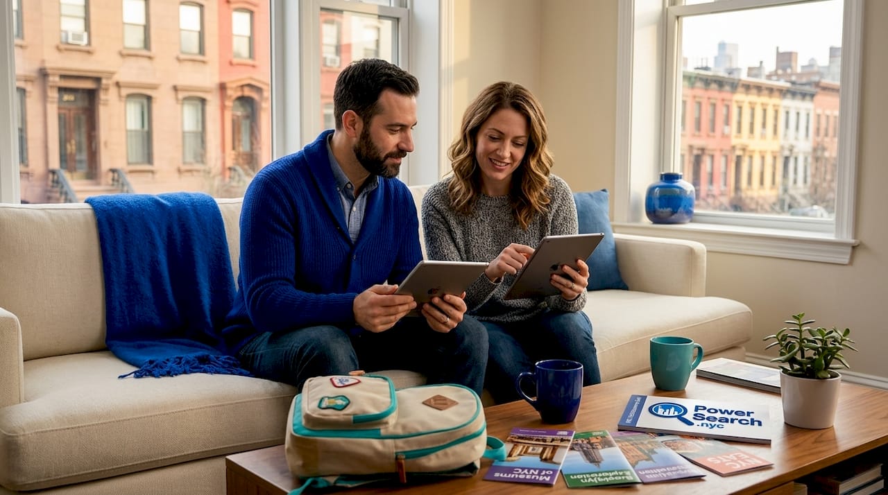 Family comparing NYC hotel options at home