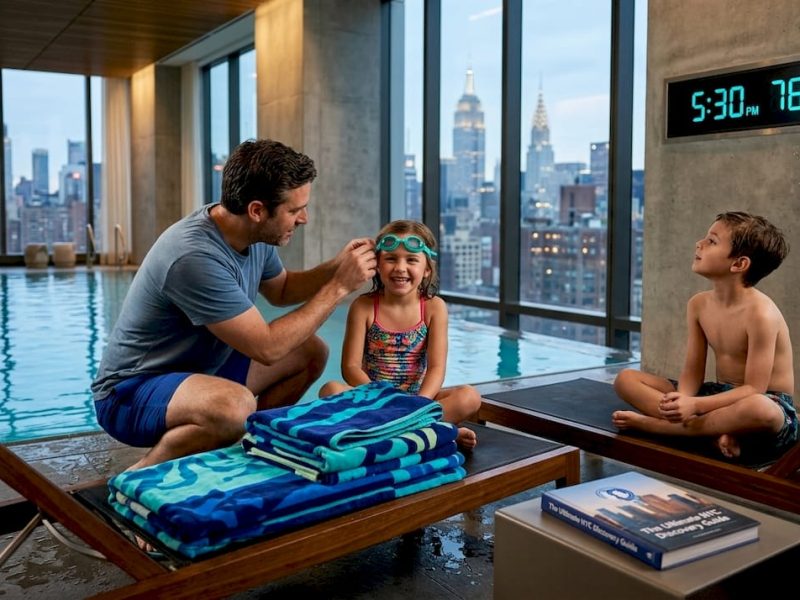 Family setting up at indoor NYC hotel pool