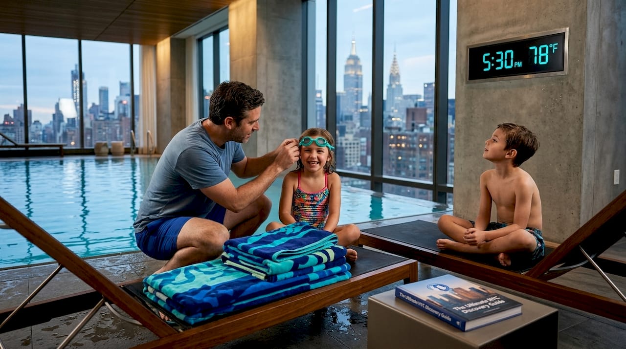 Family setting up at indoor NYC hotel pool