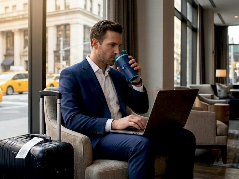 Business traveler waiting in NYC hotel lobby morning