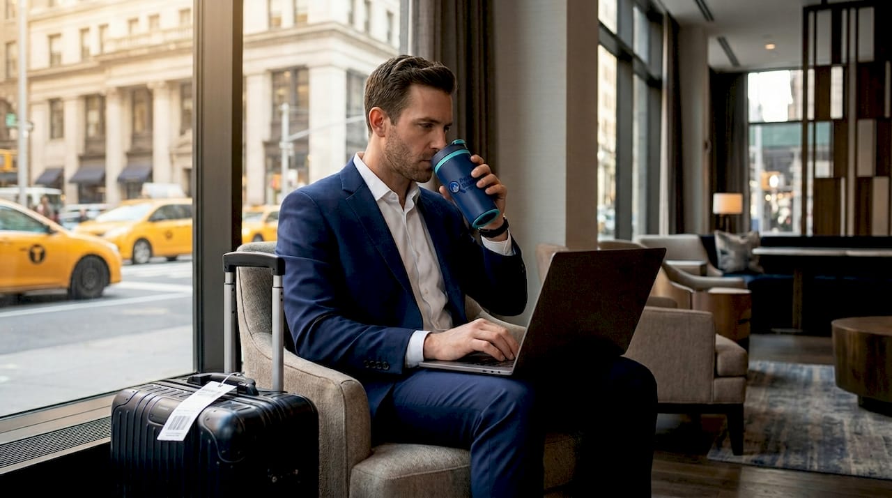 Business traveler waiting in NYC hotel lobby morning