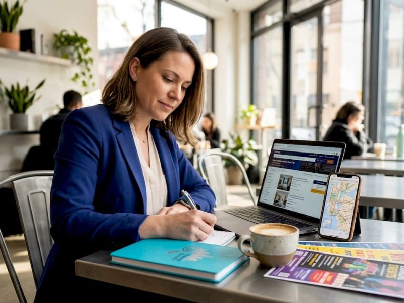 Woman comparing NYC hotel rates at kitchen table