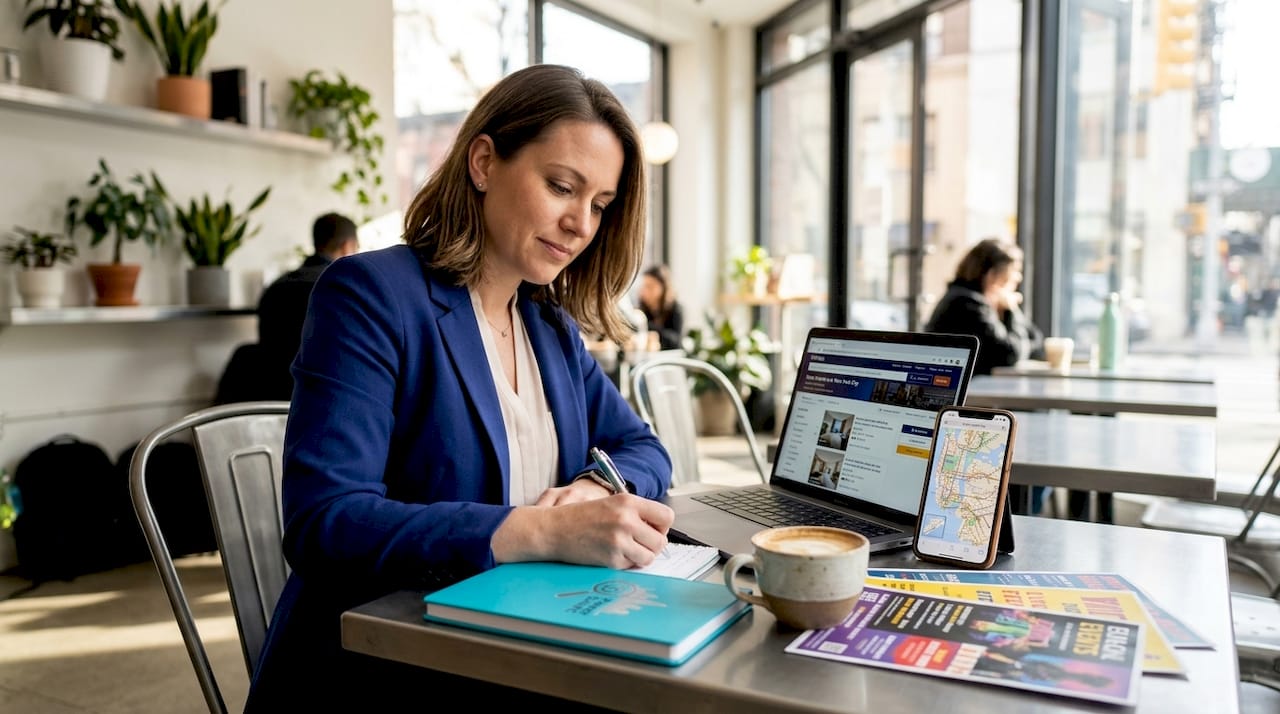 Woman comparing NYC hotel rates at kitchen table