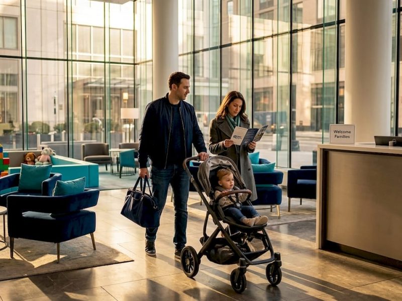 Family entering stroller-friendly NYC hotel lobby